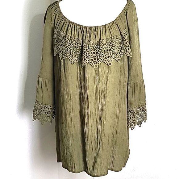 Cato Army Green Embroidered Lace Top with Bell Sleeves, Size  22/24W - Picture 1 of 7